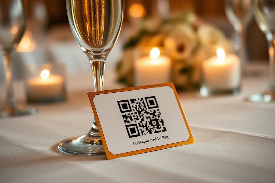 Printed QR code card next to a champagne flute