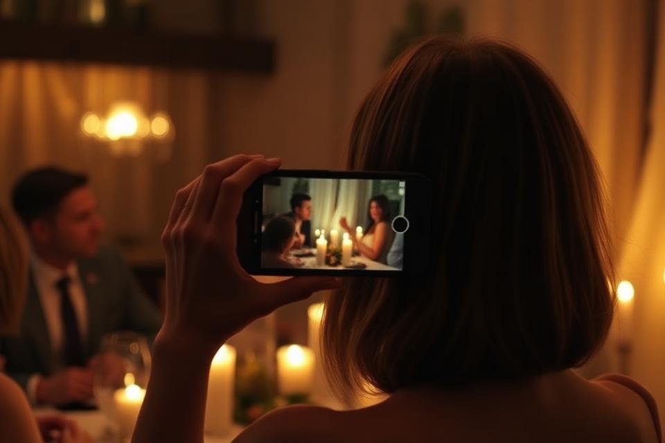 Guest framing a candlelit dinner through their phone