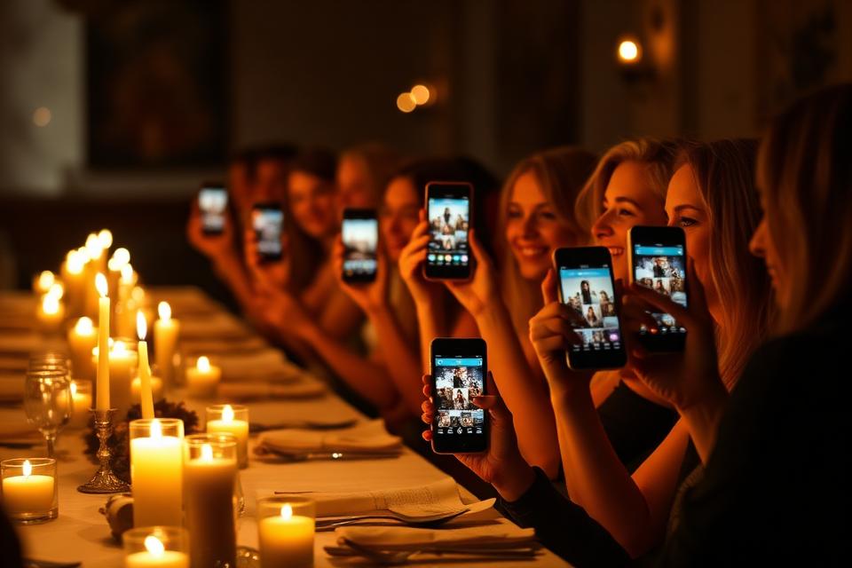 Friends at a long table holding up phones with the live gallery