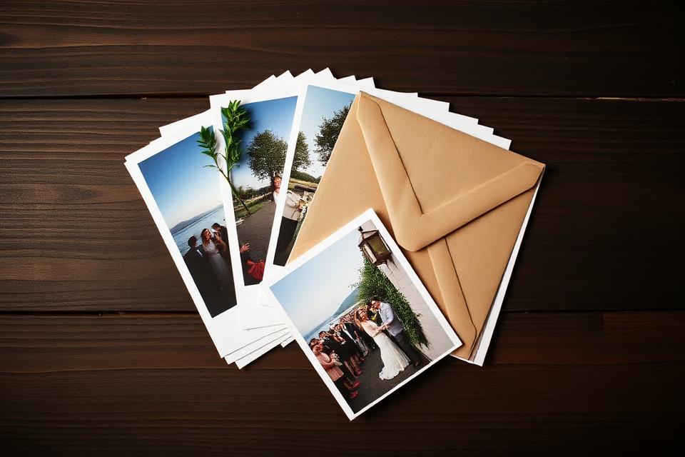 Stack of printed event photos with an envelope